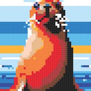May include: A pixelated illustration of a red and orange sea lion with blue eyes, sitting in the ocean with blue water and a yellow sandy beach in the background.
