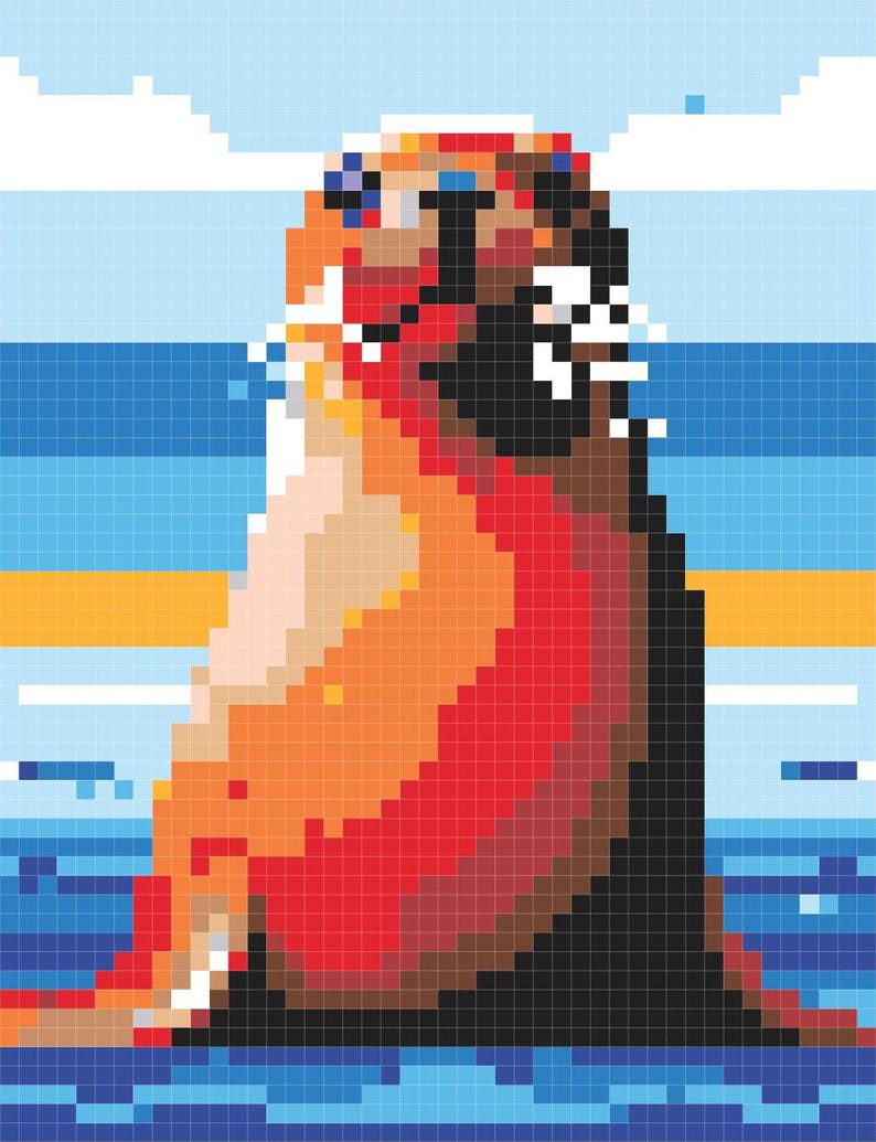 May include: A pixelated illustration of a red and orange sea lion with blue eyes, sitting in the ocean with blue water and a yellow sandy beach in the background.