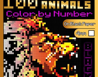 May include: A "100 Animals Color by Number" mystery mosaic puzzle on black paper. The image features a pixelated animal design in shades of orange, yellow, and red. The text includes "Mystery Mosaics" and "Color by Number".