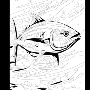 May include: A black and white line art illustration of a tuna fish swimming in the ocean. The image is labeled "Tuna" and has numbers in circles throughout the image, suggesting it is a paint-by-numbers activity.