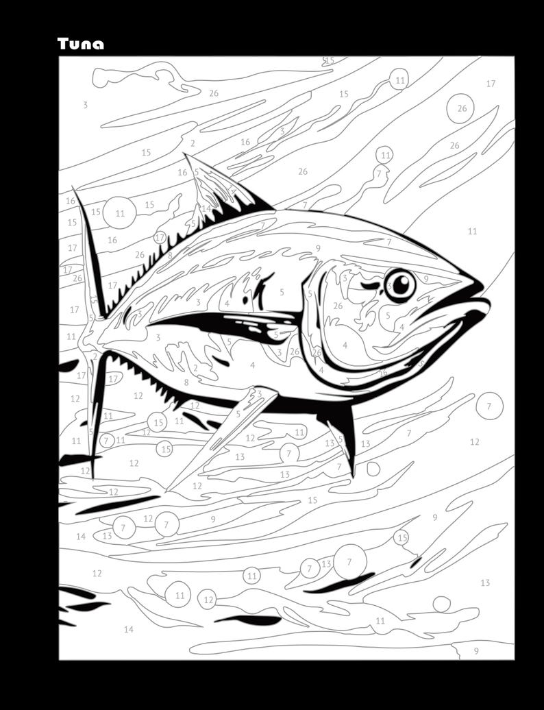 May include: A black and white line art illustration of a tuna fish swimming in the ocean. The image is labeled "Tuna" and has numbers in circles throughout the image, suggesting it is a paint-by-numbers activity.