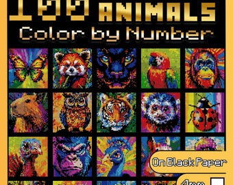 100 Color by Number Animals: Mystery Mosaics Animal Coloring Book for Adults with Dazzling Hidden Images Color Quest on Black Paper