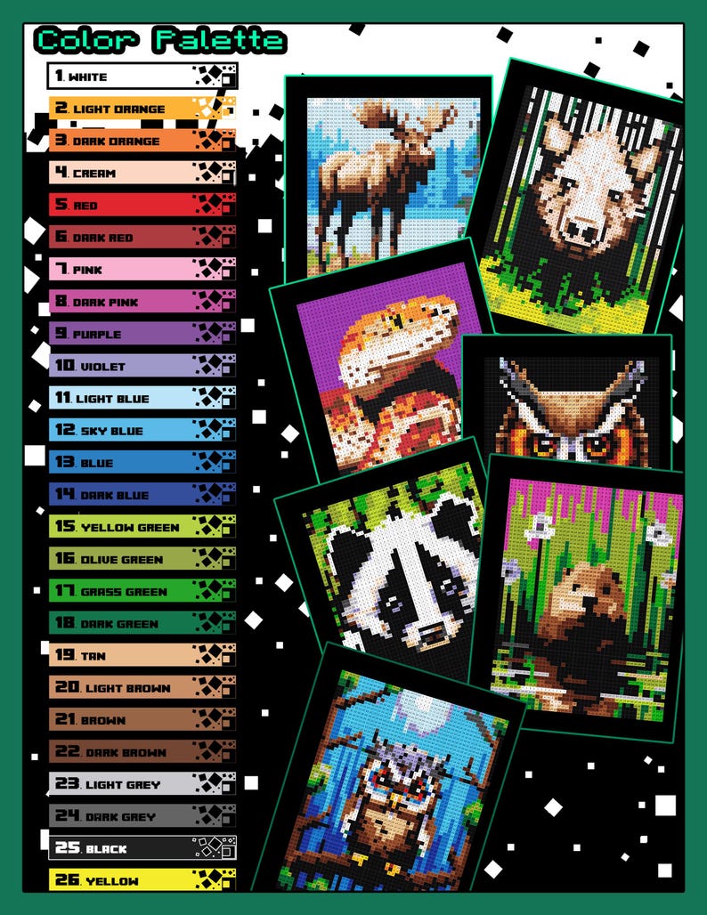 May include: Color palette with 26 colors, each color represented by a square with a number and color name.  The image also shows 7 different pixel art images of animals, including a moose, a lizard, an owl, a panda, a beaver, and two more owls.