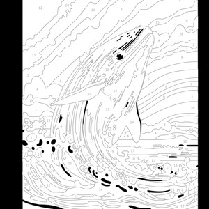 May include: A black and white line art image of a blue whale breaching the water. The image is numbered for a paint-by-number activity.