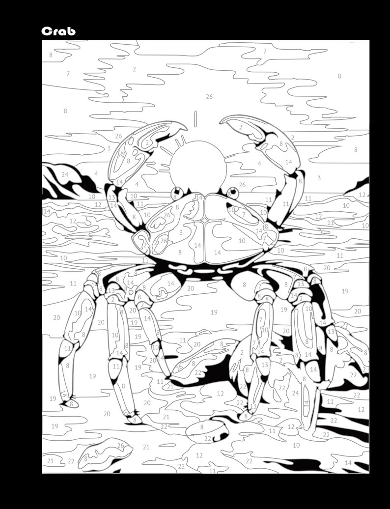 May include: A black and white line art image of a crab on a beach with numbers for a paint by number activity. The crab is in the center of the image and is facing the viewer. The crab has large claws and a segmented body. The beach is represented by wavy lines and the sky is represented by clouds.