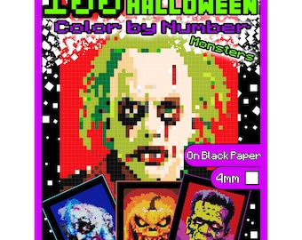 May include: 100 Halloween Monsters Color by Number. A pixel art image of a green monster with a red background. The image is divided into squares, each with a number. The image is on black paper with 4mm squares.