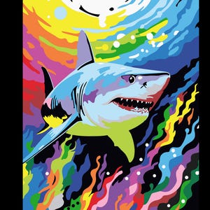 May include: A colorful abstract painting of a white shark swimming through a vibrant underwater scene. The shark is depicted in shades of blue, white, and yellow, with a sharp, toothy grin. The background is a swirling mix of colors, including red, orange, yellow, green, blue, purple, and black.