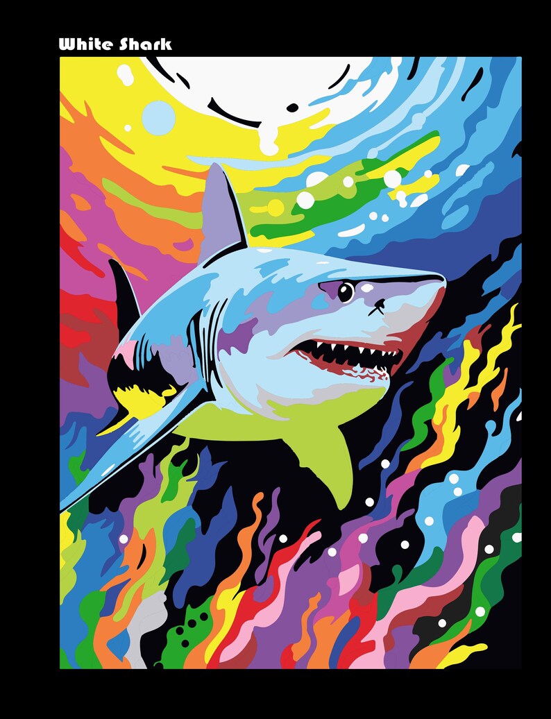 May include: A colorful abstract painting of a white shark swimming through a vibrant underwater scene. The shark is depicted in shades of blue, white, and yellow, with a sharp, toothy grin. The background is a swirling mix of colors, including red, orange, yellow, green, blue, purple, and black.