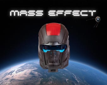 May include: A black and red helmet with blue accents, set against a backdrop of Earth and space. The text "MASS EFFECT" is displayed above the helmet. A satellite is also visible in the background.