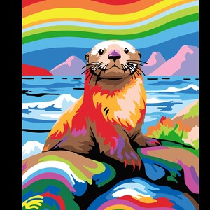 May include: A colorful illustration of a sea otter sitting on a rock with a rainbow in the background. The otter is brown, orange, red, and purple. The rock is a rainbow of colors. The background is a blue sky with a rainbow.