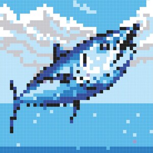 May include: A blue pixelated fish jumps out of the water with a white cloud in the background. The fish is in a blue and white pixelated ocean.