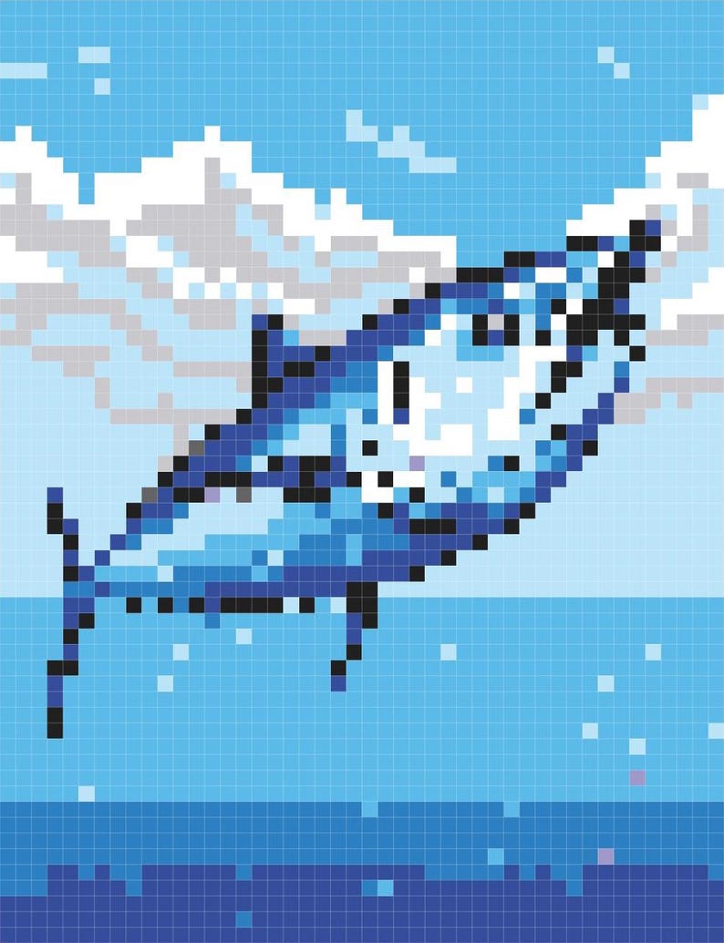 May include: A blue pixelated fish jumps out of the water with a white cloud in the background. The fish is in a blue and white pixelated ocean.
