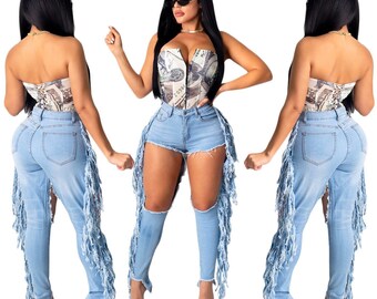 jeans with tassels at the bottom