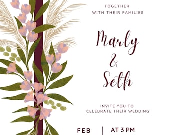 Faire-part de mariage floral minimaliste - téléchargement numérique, faire-part de mariage, modèle modifiable