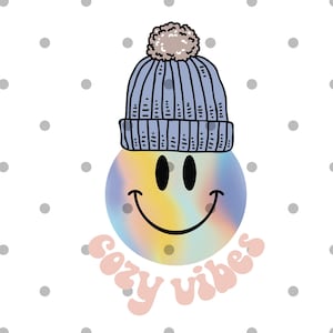 Cozy vibes svg png-  sweater weather- smiley svg- retro sweateshirt design- sublimation- dtf trasnfer-smiley face beanie hat- png smiley