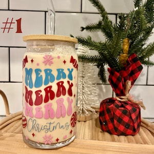 Holiday Glass cup with lid and straw - Iced Coffee Cup- Glass Cup- Christmas Glass- Christmas gift Coffee Lover- Xmas cup - Holiday- 16oz