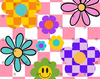Retro Flowers Checkered SVG PNG Sublimation - Retro Daisy Shirt Design- Smile Face- Boho 70's Groovy Floral Dtf Transfer- digital downloac