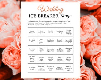 Bridal Shower Ice Breaker Game Coral Wedding Human Bingo Cards Printable Get to Know You