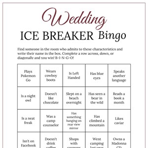 Bridal Shower Ice Breaker Game Wine Wedding Printable Human Bingo Cards ...