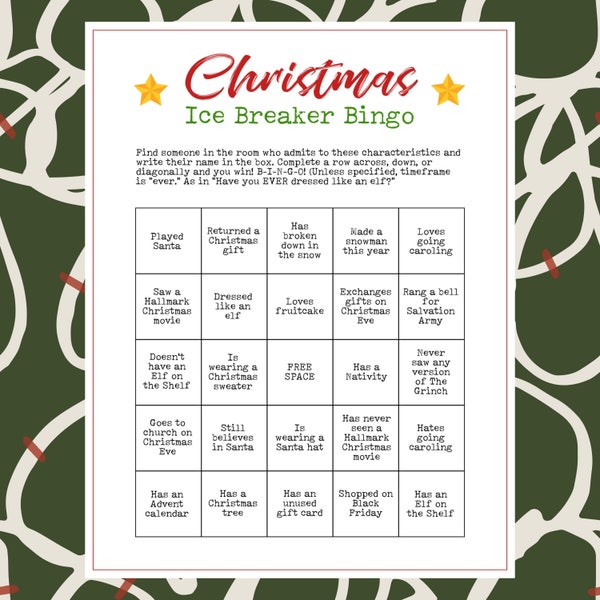 Printable Christmas Party Ice Breaker Game Human Bingo Cards Get to Know You