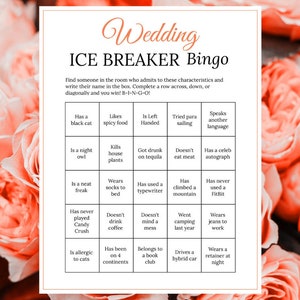 Despedida de soltera Juego para romper el hielo Boda de coral Tarjetas de bingo humanas imprimibles Conócete