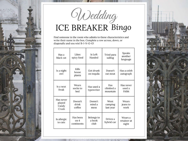 Bridal Shower Ice Breaker Game Gray Wedding Printable Human Bingo Cards