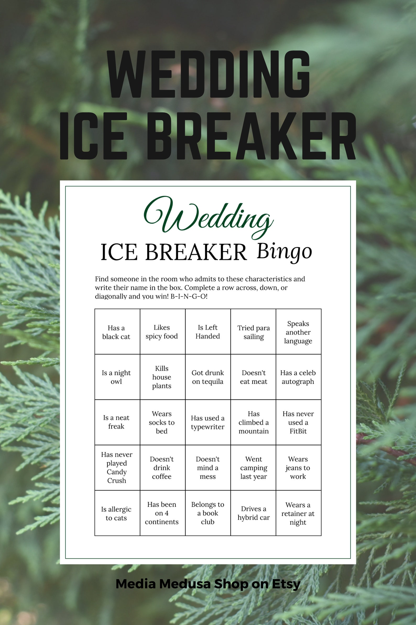 Bridal Shower Ice Breaker Game Forest Green Wedding Human Bingo Cards ...