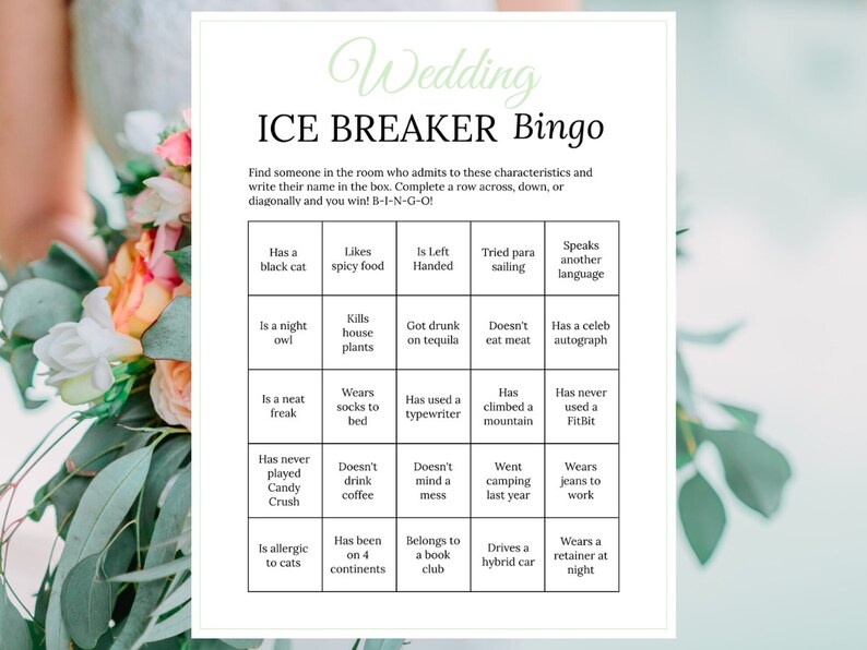 Bridal Shower Ice Breaker Game Sage Wedding Printable Human Bingo Cards