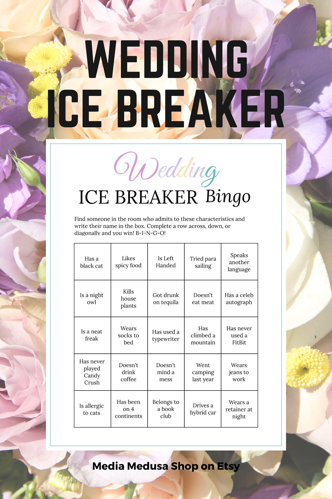Bridal Shower Ice Breaker Game Pastel Rainbow Wedding Human Bingo Cards ...