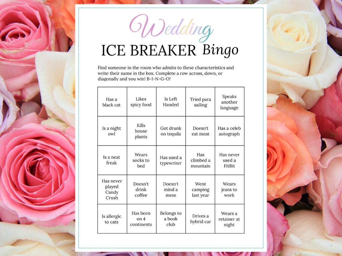 Bridal Shower Ice Breaker Game Pastel Rainbow Wedding Human Bingo Cards ...