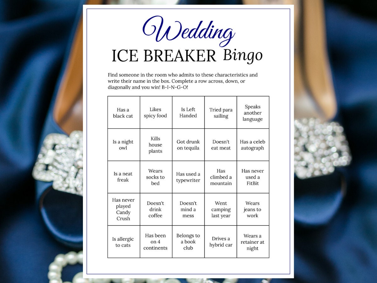 Bridal Shower Ice Breaker Game Navy Wedding Human Bingo Cards Printable Get to Know You