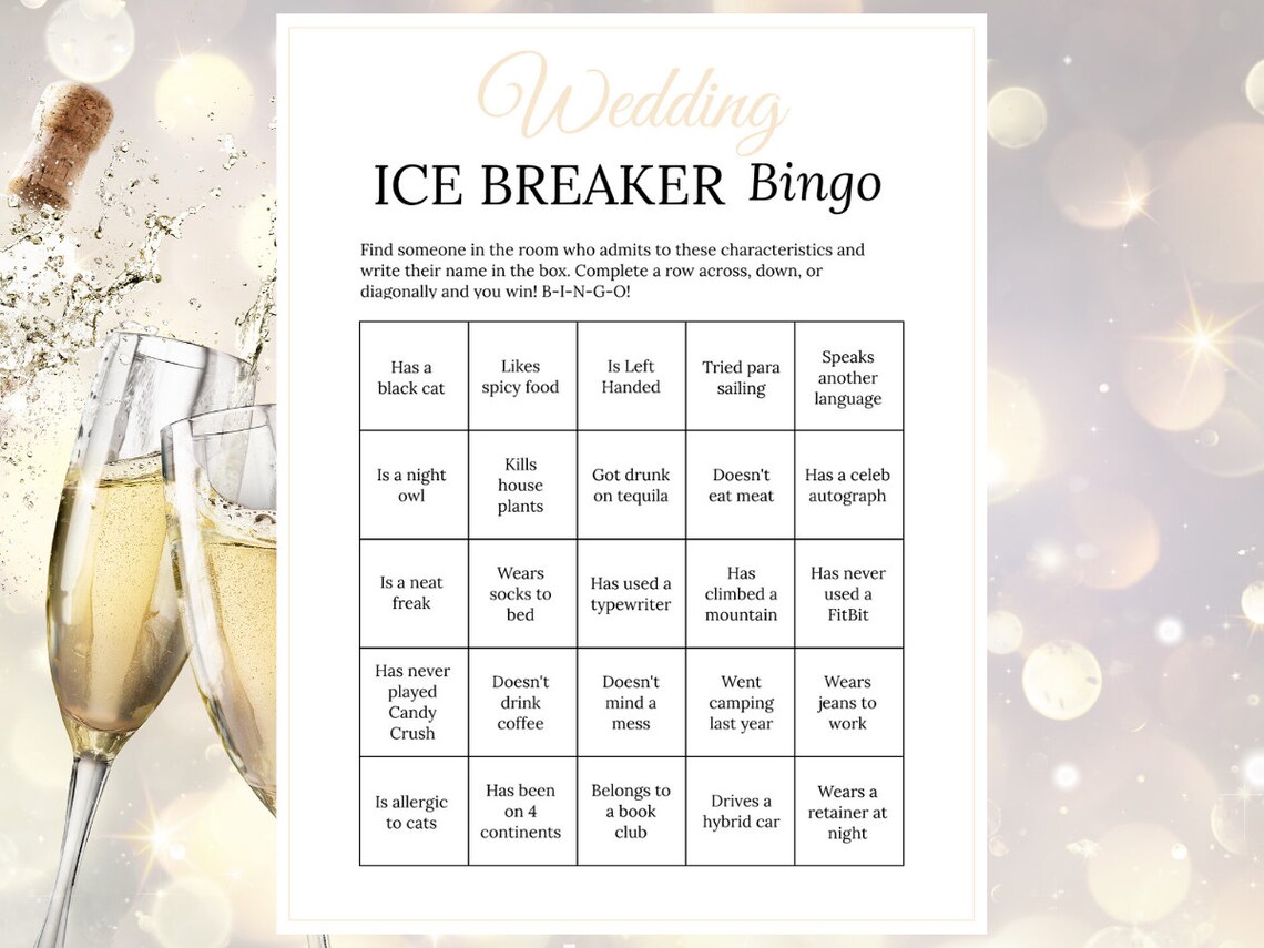 Bridal Shower Ice Breaker Game Champagne Wedding Human Bingo Cards Printable Get to Know You