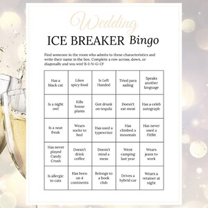 Despedida de soltera Juego para romper el hielo Boda con champán Tarjetas de bingo humanas imprimibles Conócete