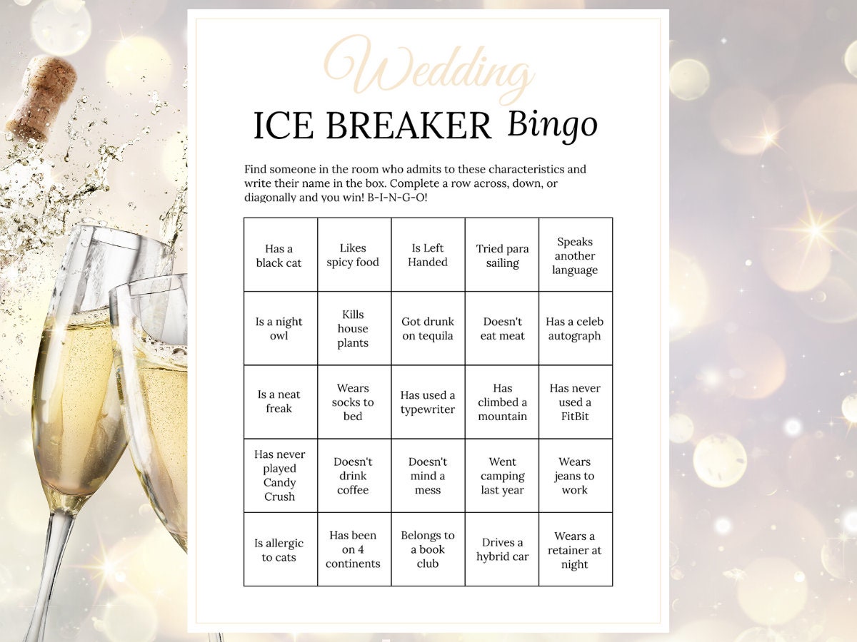 Bridal Shower Ice Breaker Game Champagne Wedding Human Bingo Cards