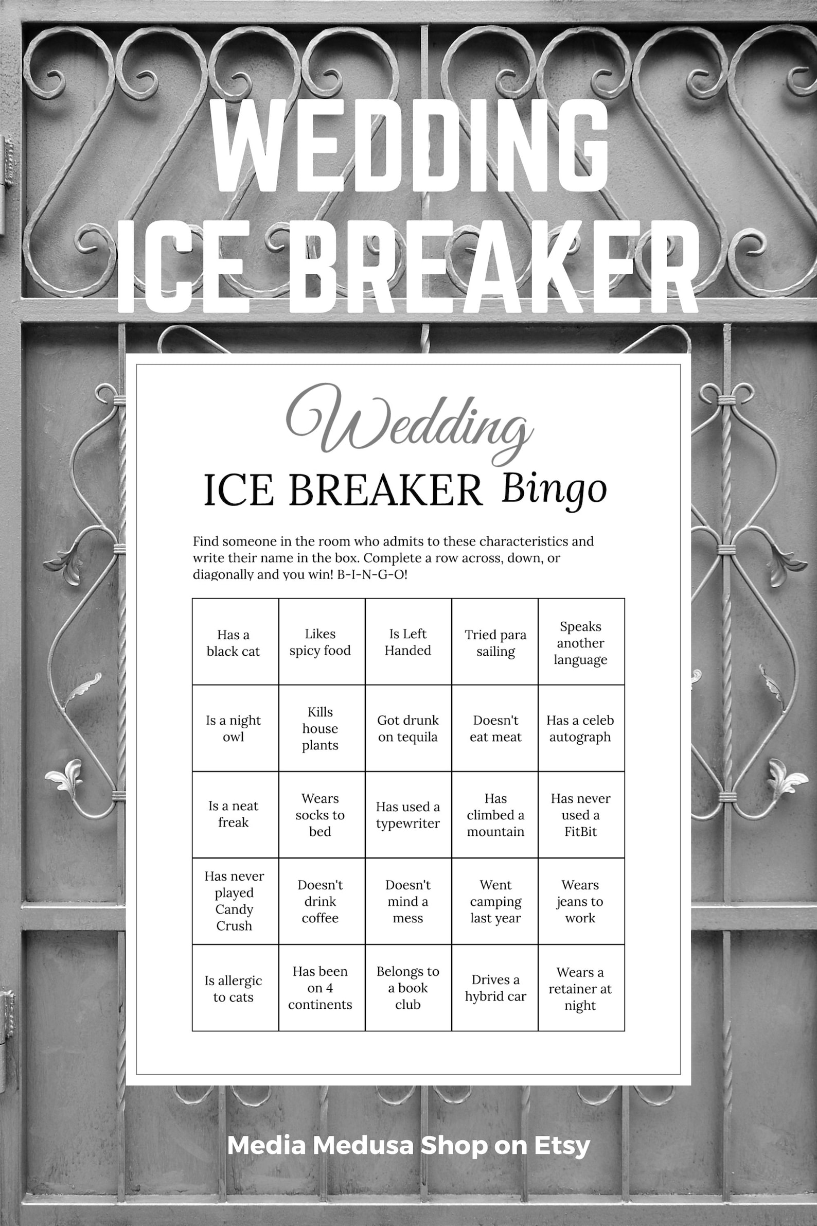 Bridal Shower Ice Breaker Game Gray Wedding Printable Human Bingo Cards
