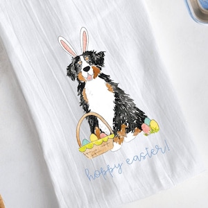 Bernese Mountain Dog Easter Funny Bunny Tea Towel | easter hand towel, bunny tea towel, bernese mountain dog