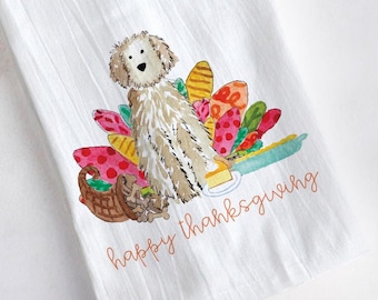 Asciugamano da tè Gobble Thanksgiving Doodle / Asciugamano Goldendoodle del Ringraziamento, Asciugamano decorativo Labradoodle Turkey