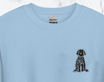 May include: A light blue sweatshirt with a black embroidered image of a dog on the left chest.