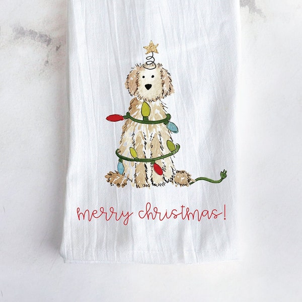 Festive Christmas Doodle Tea Towel | Bernedoodle Art Print, Christmas Hand Towel, Christmas Decor, Kitchen Decor, Watercolor, labradoodle