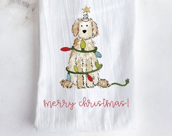 Strofinaccio natalizio con scarabocchi / Stampa artistica Bernedoodle, asciugamano natalizio, decorazioni natalizie, decorazioni per la cucina, acquerello, labradoodle