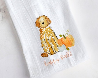 Pumpkin Doodle Tea Towel | Tea Towel Gift, Bernedoodle Fall Kitchen Towel, Labradoodle Pumpkin Autumn Decor, Goldendoodle Hand Towel
