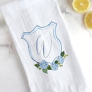 The Katherine Crest Personalized Watercolor Hydrangea Tea Towel | monogrammed towel, Personalized hand towel, Personalized Crest