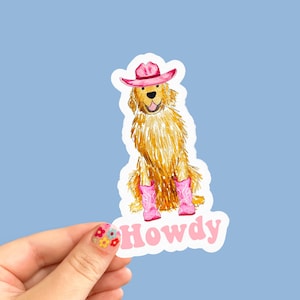 Howdy Cowgirl Golden Retriever Vinyl Decal Sticker | Pink Cowgirl Golden Retriever Sticker