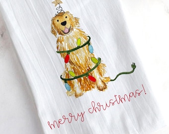 Festive Christmas Golden Retriever Tea Towel | Tea Towel Gift, Red Golden Retrievers Hand Towel, Christmas Lights Kitchen Towels