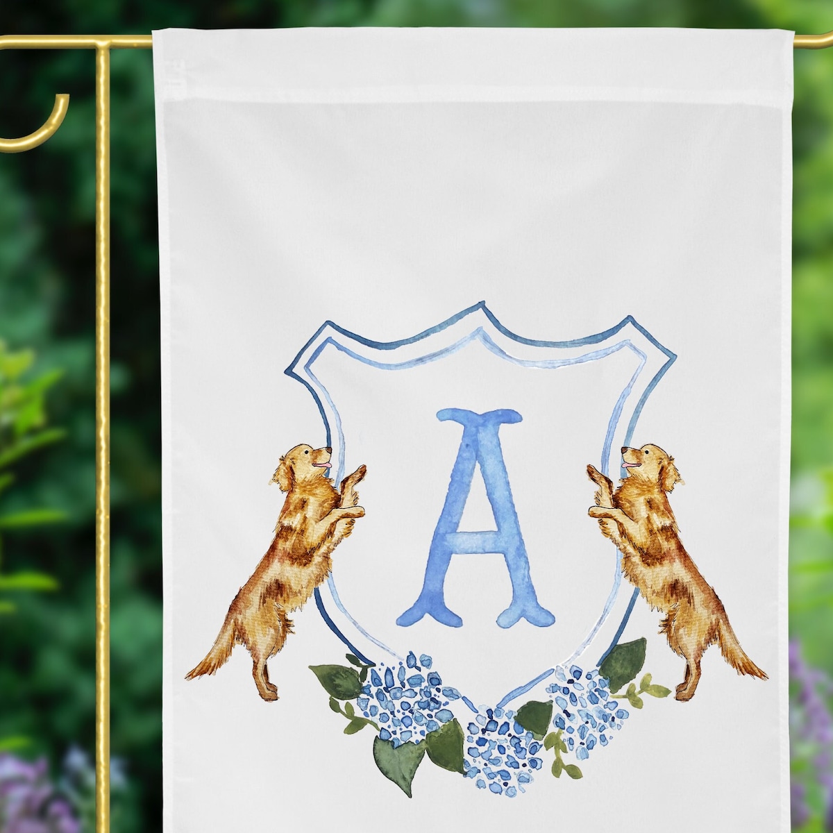 Personalized Watercolor Hydrangea Golden Retriever Crest Garden Flag | Garden Stake, Porch Decor, Personalized Monogram Crest - Etsy