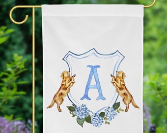 Personalized Watercolor Hydrangea Golden Retriever Crest Garden Flag | Garden Stake, Porch Decor, Personalized Monogram Crest