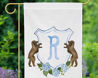 Personalized Watercolor Hydrangea Spaniel Crest Garden Flag | Boykin Spaniel, Springer Spaniel, Garden Stake, Porch Decor, Monogram Crest