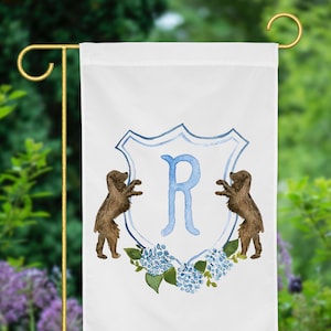 Personalized Watercolor Hydrangea Spaniel Crest Garden Flag | Boykin Spaniel, Springer Spaniel, Garden Stake, Porch Decor, Monogram Crest