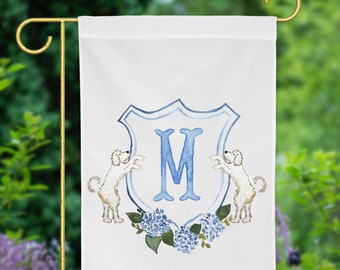 Personalized Watercolor Hydrangea Doodle Crest Garden Flag | Goldendoodle Gift Idea, Bernadoodle Garden Flag
