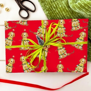 Festive Christmas Apricot Doodle Gift Wrap - Red | Goldendoodle Wrapping Paper Sheets, Red Labradoodle, Watercolor Wrapping Paper Roll